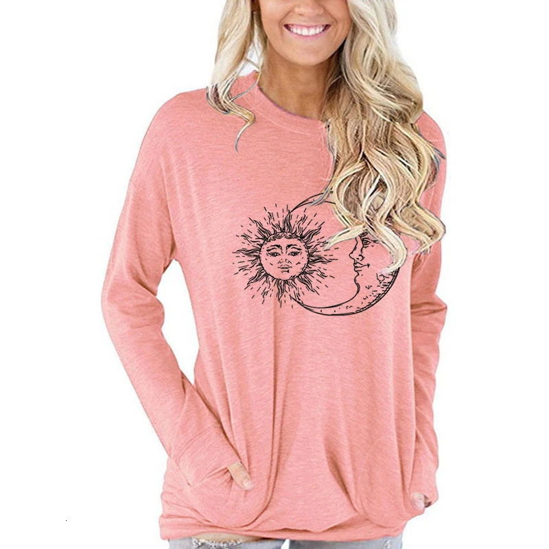 Vintage Sun Moon Graphic T-Shirt Long Sleeve Women Clothing Fashion Street Style Round Neck Tops Tee Funny Sun Moon Women Tshirt 240806
