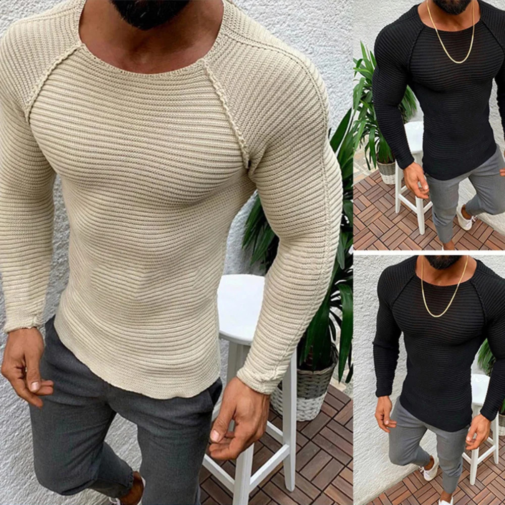 Sweater Spring Slim Solid Fashion inside Underwear Men Mock Neck Basic T-shirt Blouse Pullover Long Sleeve Top 240729 - view 3