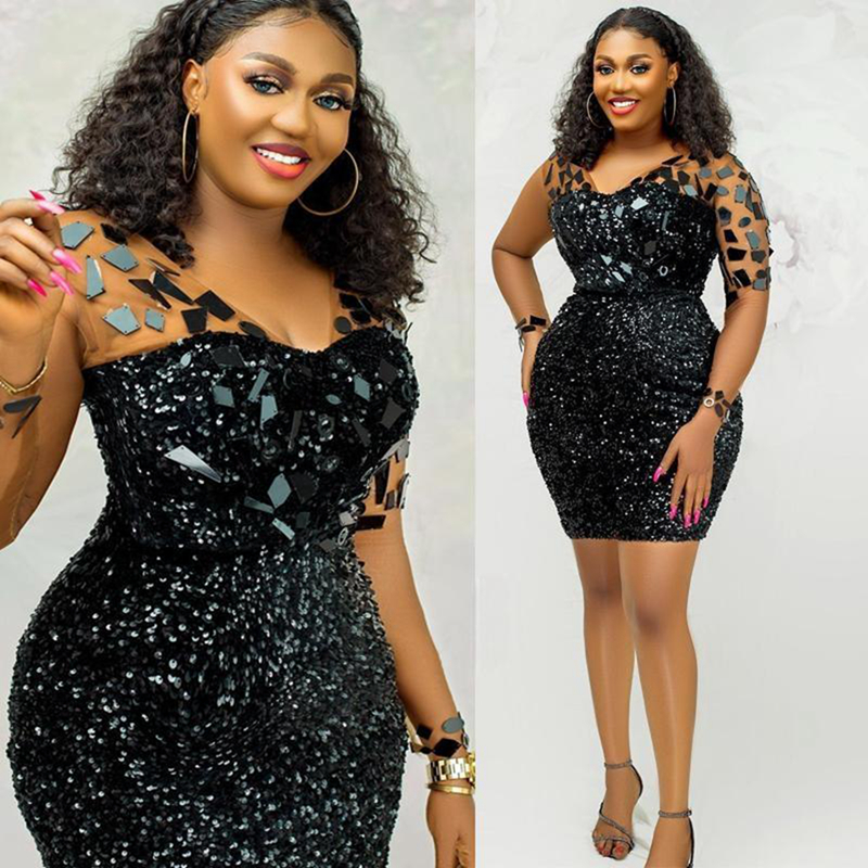 2024 Aso Ebi Black Cocktail Dresses For Women Evening Wear Birthday Gowns Illusion V Neck Long Sleeves Mirror Sequins Graduation Gowns for African Bla