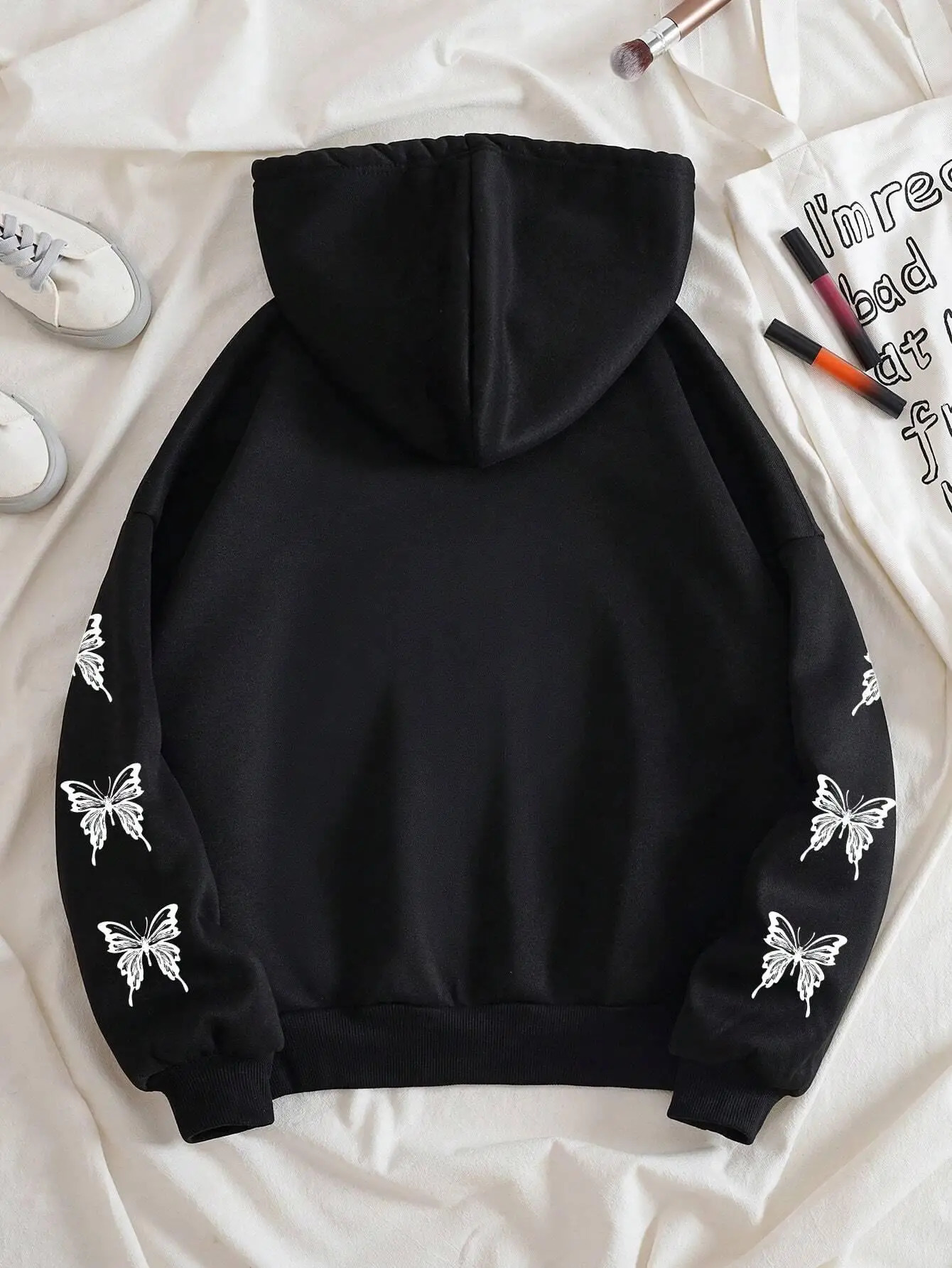 Simple Butterfly Letter Printed Zipper Hoodie Women Comfortable Warm Fleece Loose Clothing Casual Street Female Sportswears 240806