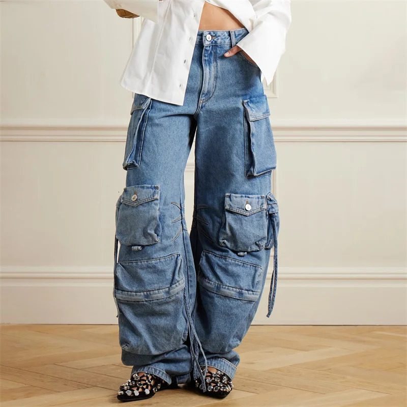 Womens pants autumn in Vintage washed pure cotton Womens jeans Multi pocket decoration low waist cargo pants Trousers 240806