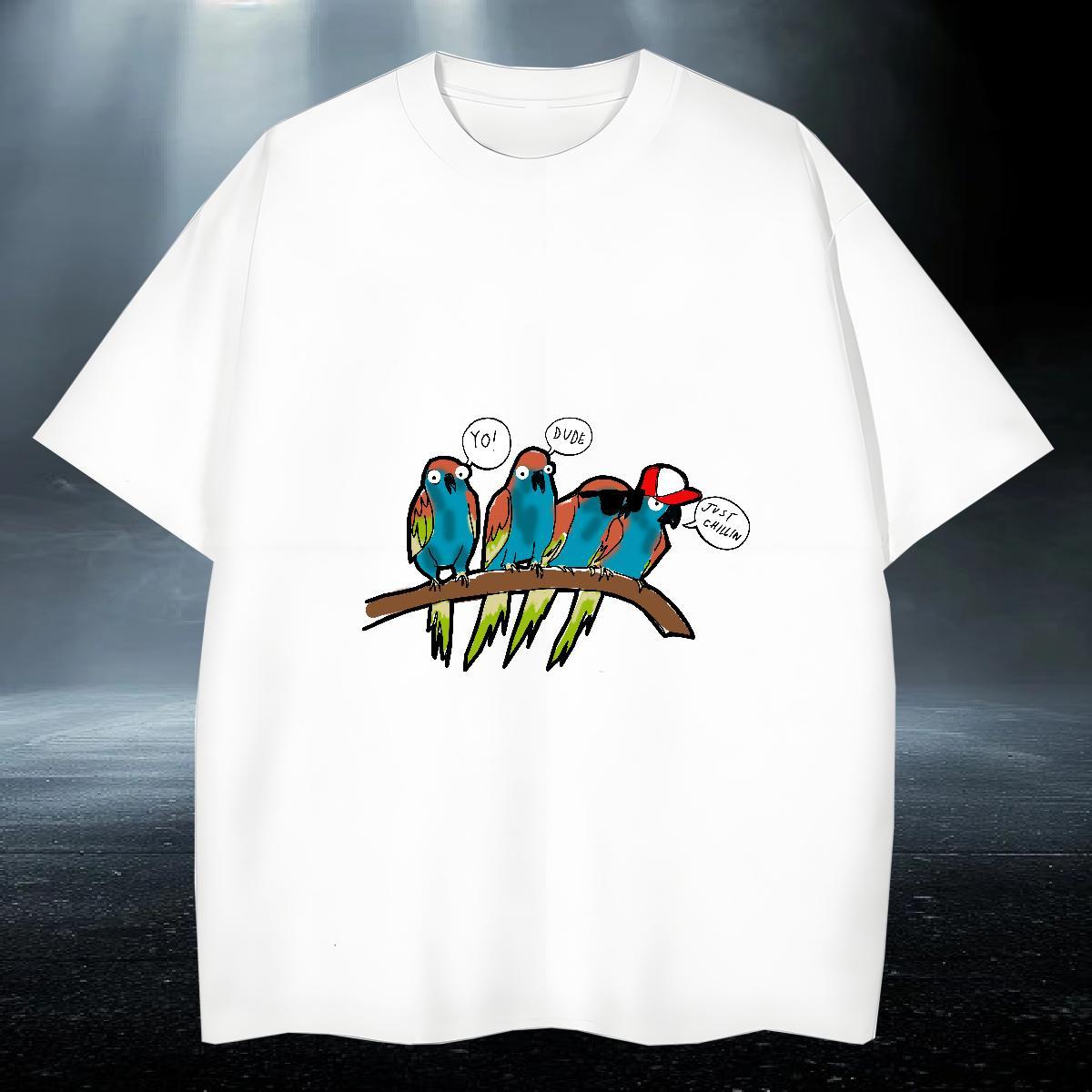 Casual New Mens T Shirts 230g 100% Cotton bird Anime Printing Street Tops Tees O Neck Short Sleeves TOP Quality Men Tops Tees White Plus Size