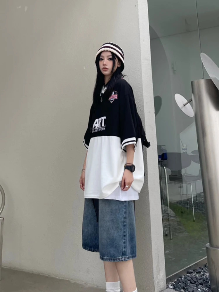 QWEEK Women Y2K Baggy Jorts Vintage Wide Leg Five Points Jeans American Streetwear Casual Washed Oversize Summer Denim Shorts 240806