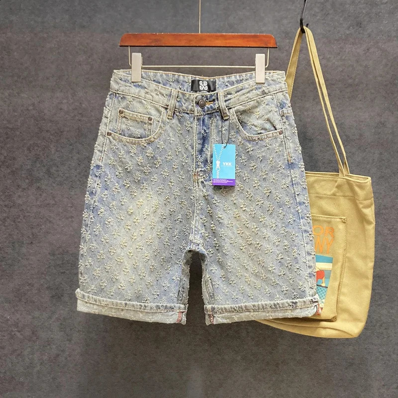 Mens Five Point Pants 2024 Loose Straight Wide Leg Perforated Jacquard Highend Casual Denim Shorts 24
