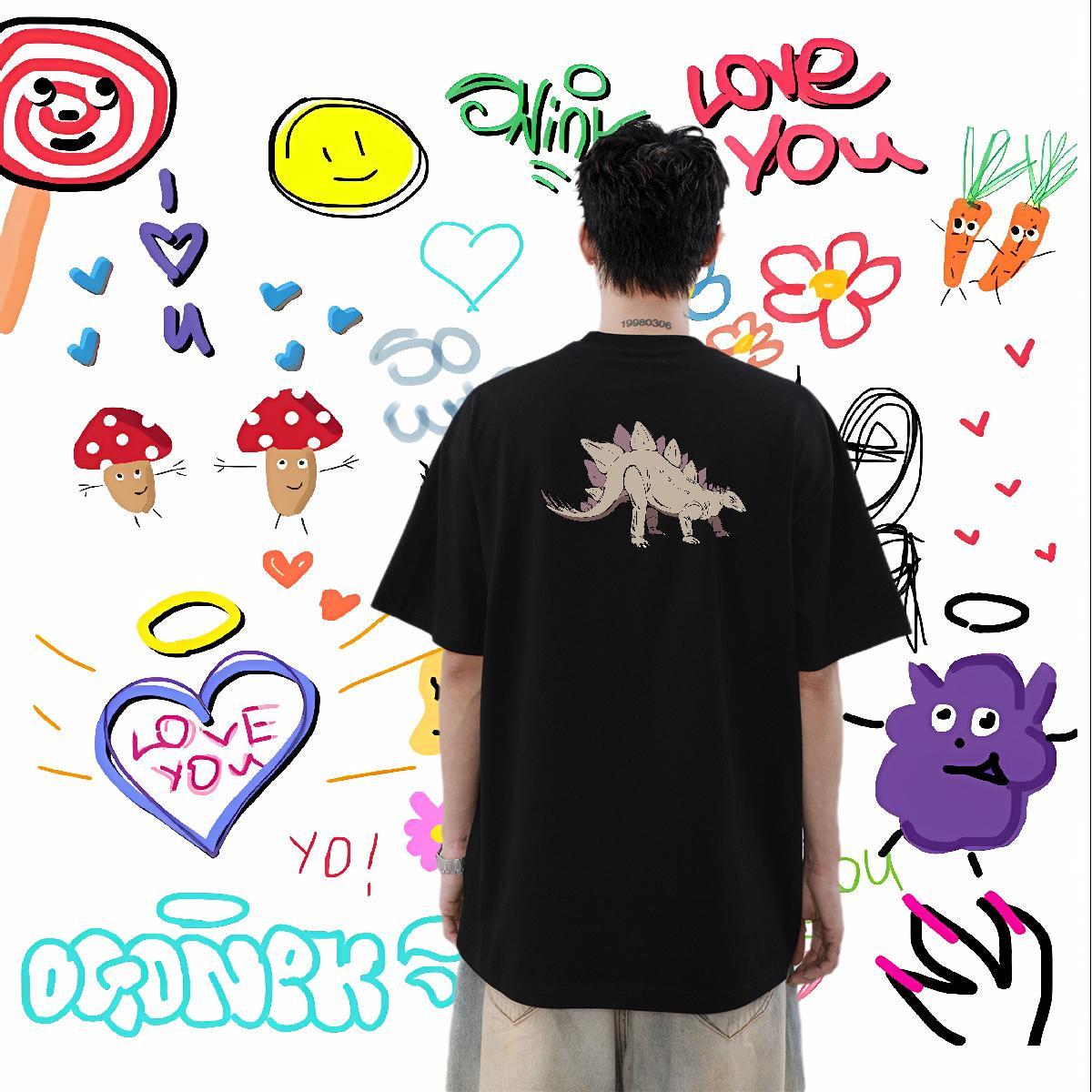 Designer Fashion Mens T Shirts 230g Pure Cotton dinosaur Hip Hop Street Clothes Breathable Brand Men Tees Custom Cartoon