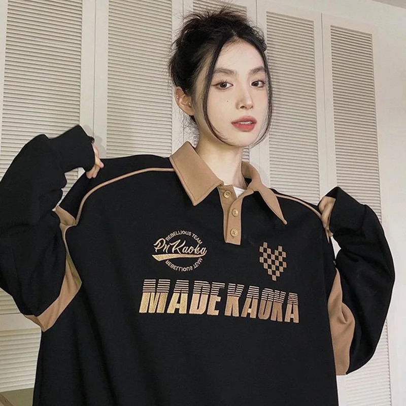 Korean Letter Print Polo Collar Women Hoodies Vintage Oversized Sweatshirt Autumn Warm Y2K Long Sleeve Shirt Teens Polo Shirt 240806