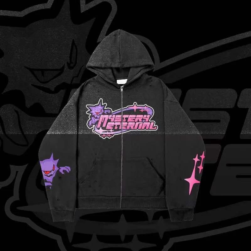 Dark Elements Anime Demon Print Hoodie Men Fall Winter Harajuku Oversized Hip Hop Casual Y2k Sweater clothes Top 240806