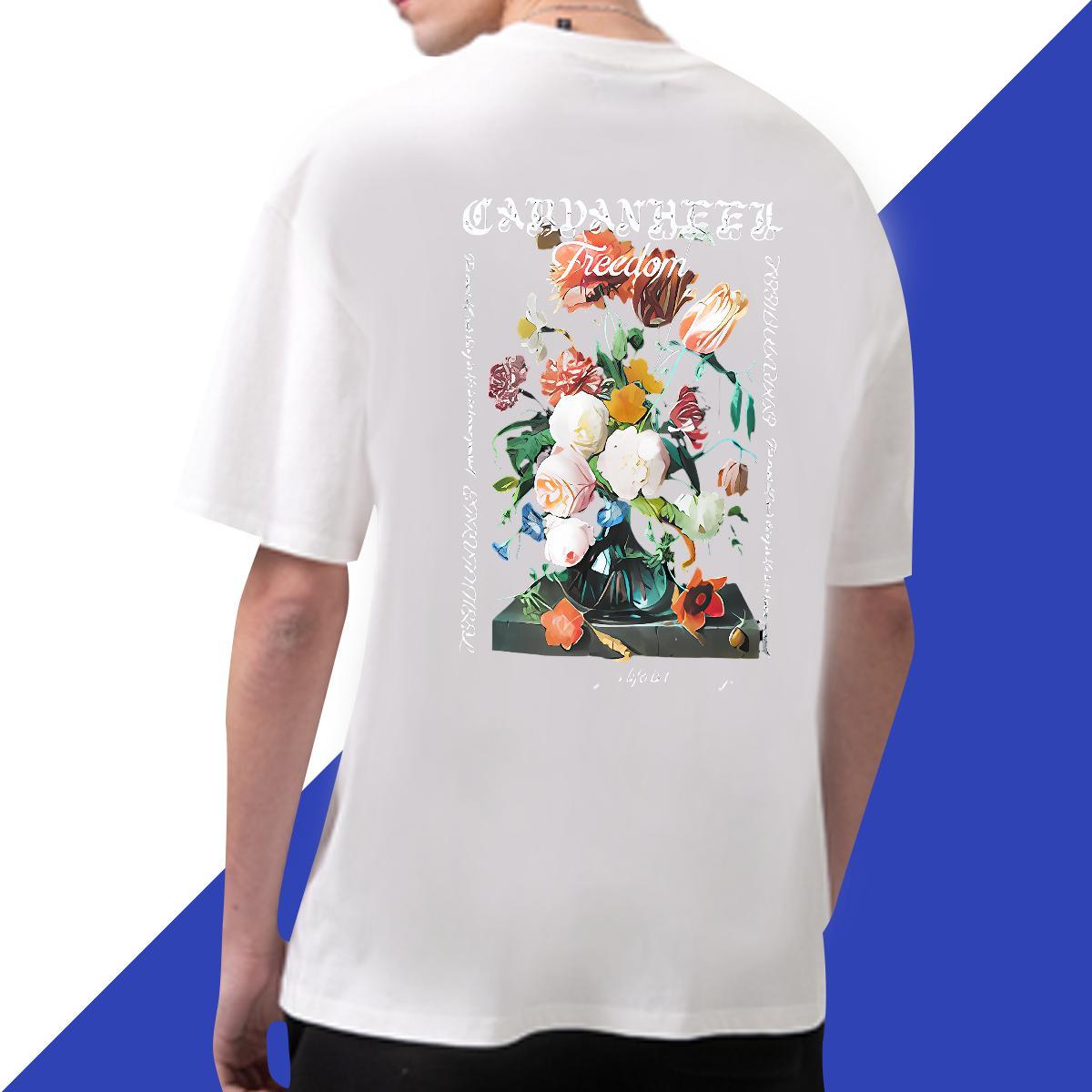 Factory Direct T Shirts Men 230g Cotton flower Casual Tops Shirt Breathable Crew Neck Soft Men Tops Tees DIY Logo Oversized
