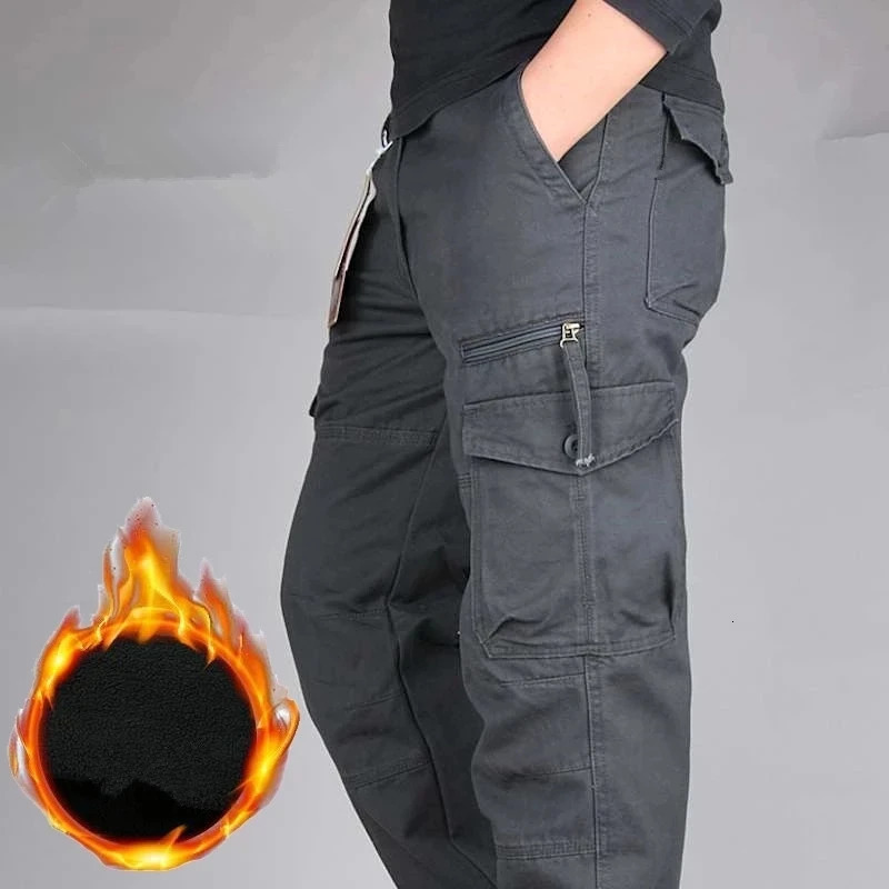 Mens Cargo Pants Winter Outdoor Double Layer Fleece Warm Thick Military Style Long Trousers Men Multi Pocket Baggy Casual 240806