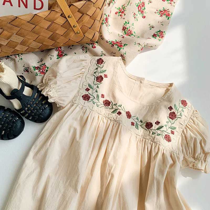 Girls Fashion Embroidered Flower Dress 2024 Summer New Girls Preschool Princess Dress Childrens Short Sleeve Party ClothingW240720