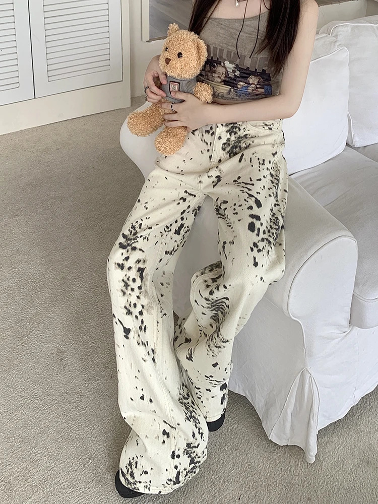 WCFCX STUDIO American Retro Trendy Leopard Print Jeans Womens High Street Straight Trousers Harajuku Style Baggy Casual Pants 240806