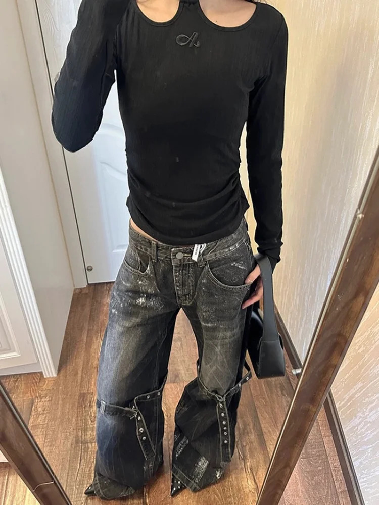 ADAgirl Y2k Baggy Goth Vintage Jeans Women Harajuku Hip Hop Casual Bandage High Waist Denim Pants Streetwear Chic Black Trousers 240806