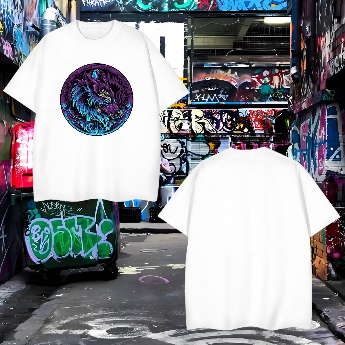 Fashion T-Shirts for Men 230g Cotton wolf Anime Printing Street Tees Shirts Short Sleeve O-Neck TOP Quality Couples T Shirts Floral Print