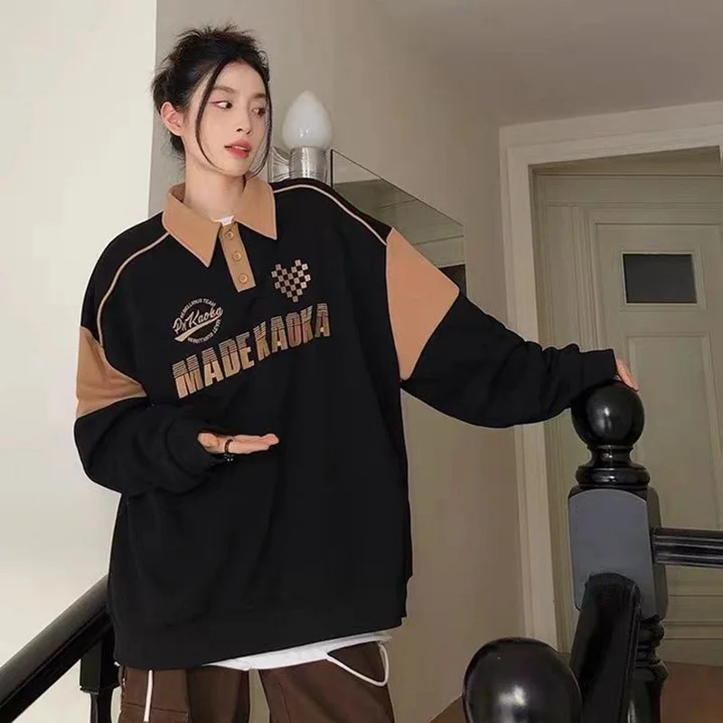 Korean Letter Print Polo Collar Women Hoodies Vintage Oversized Sweatshirt Autumn Warm Y2K Long Sleeve Shirt Teens Polo Shirt 240806