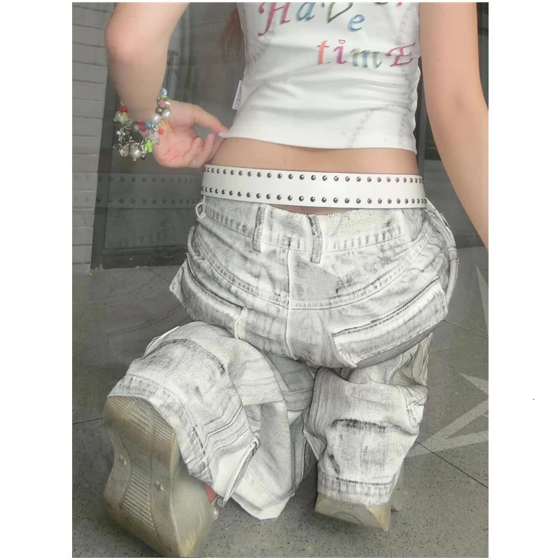 American Vintage Tie Dye Straight Jeans Womens Casual Grunge High Street 2000s Pants Baggy Y2K Wide Leg Washed Denim Trouser 240806