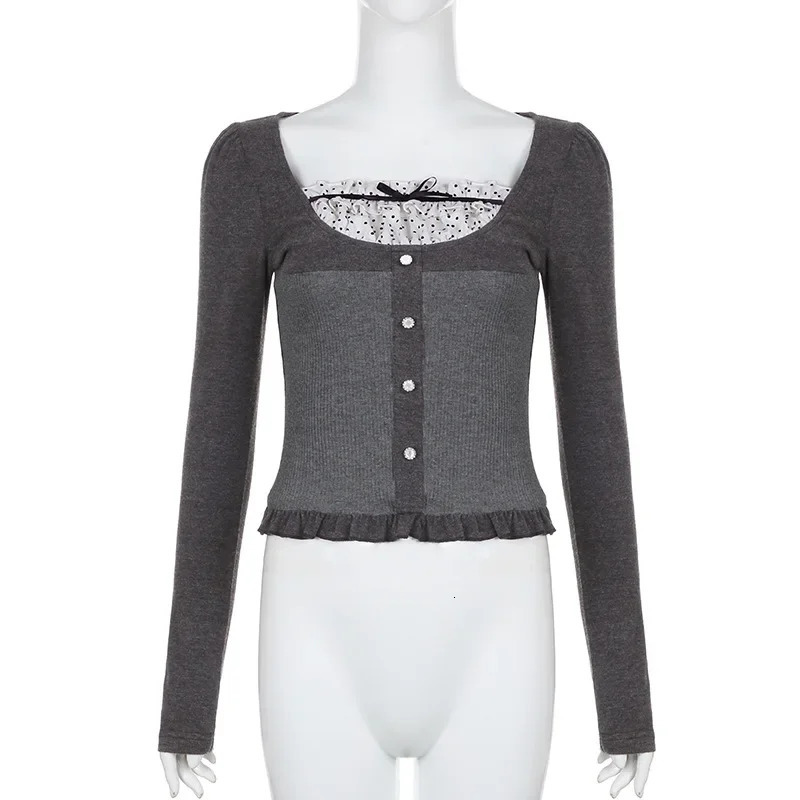 Y2K Polka Dot Print Contrast Patchwork Knitted Tops Grey Autumn Spring Cute Bow T-shirts Slim-fit Long Sleeve Knitwear 240806