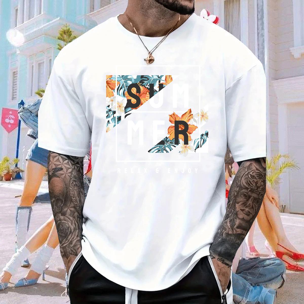 Men T Shirts 230g Pure Cotton flower Home Outdoor Round Neck Short Sleeve Cartoon Printing L-4XL Men Tees Brand Popular Wear