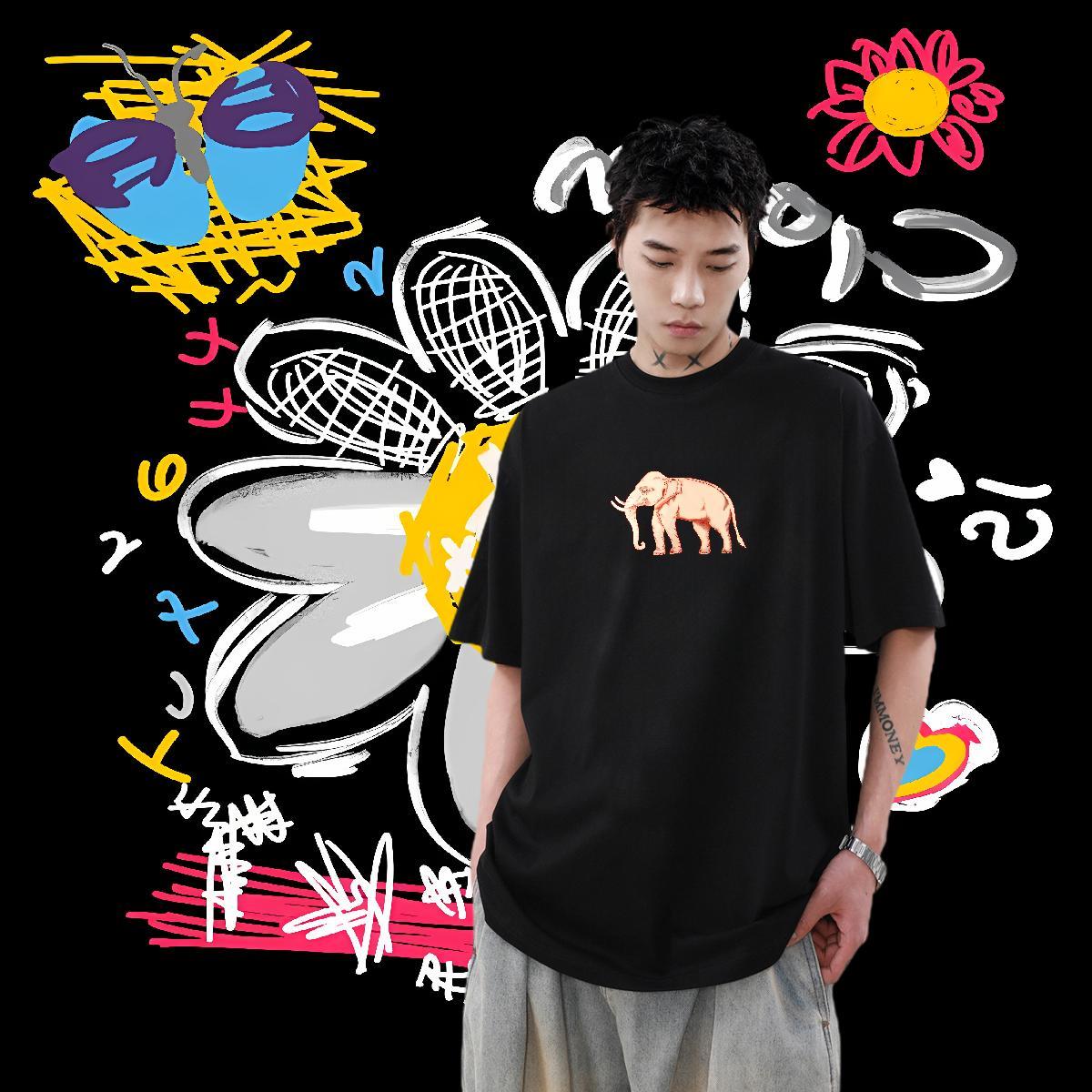 Stylist T-Shirts for Men 230g Pure Cotton elephant Spring Summer Wear Breathable Short Sleeve Designer Men Tops Tees White Plus Size
