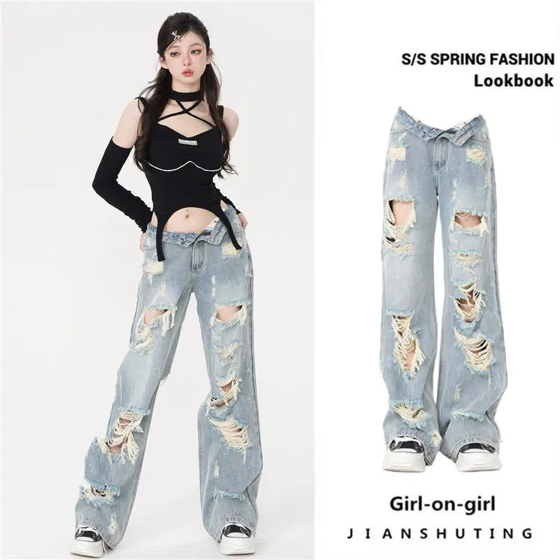 Summer Korean Fashion Loose Jeans for Women Denim Hole Broken Retro Streetwear Spicy Girls Wide Leg Cargo Pants Women Clothing 240806