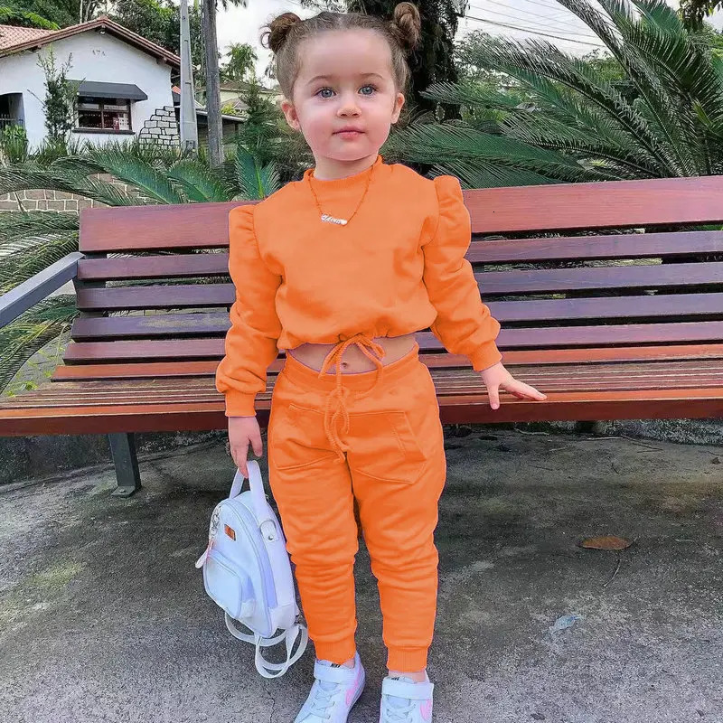 1-8Years Childrens Kids Girls Fall Clothing Outfits Solid Color Long Sleeve Crop TopsSport Pants Trousers Fashion Clothes Sets 240729