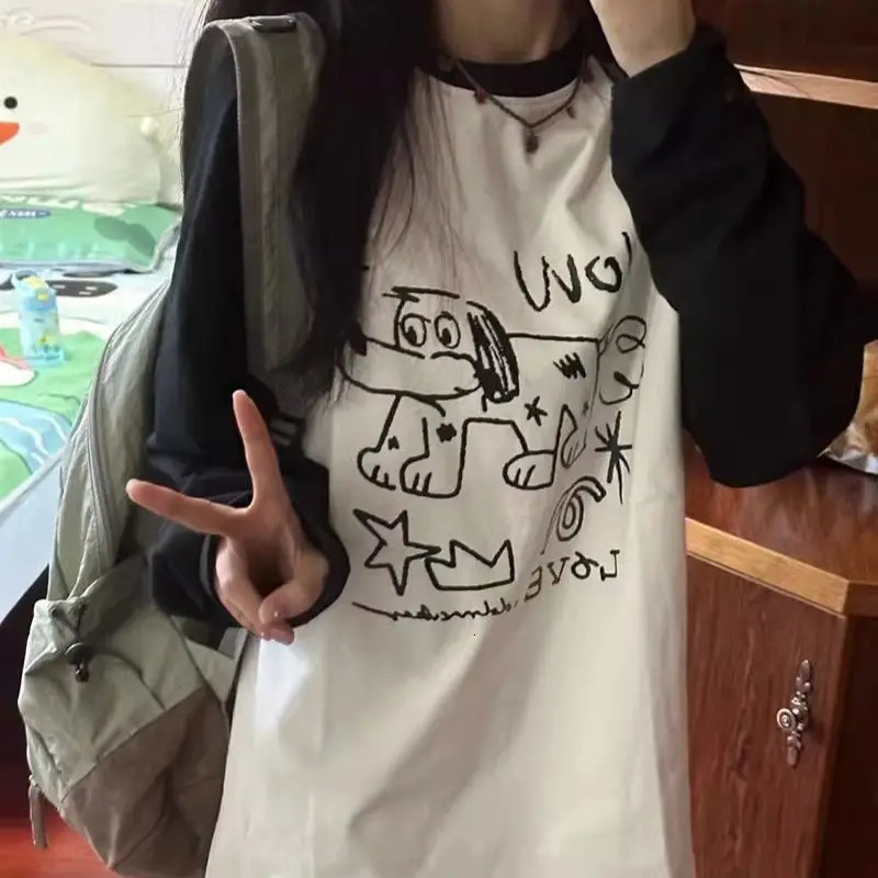 autumn funny Graphic T-shirts Women Cute Anime Long Sleeve Tops Vintage Y2k Preppy Style Casual Sweet Tees Oversized streetwear 240806
