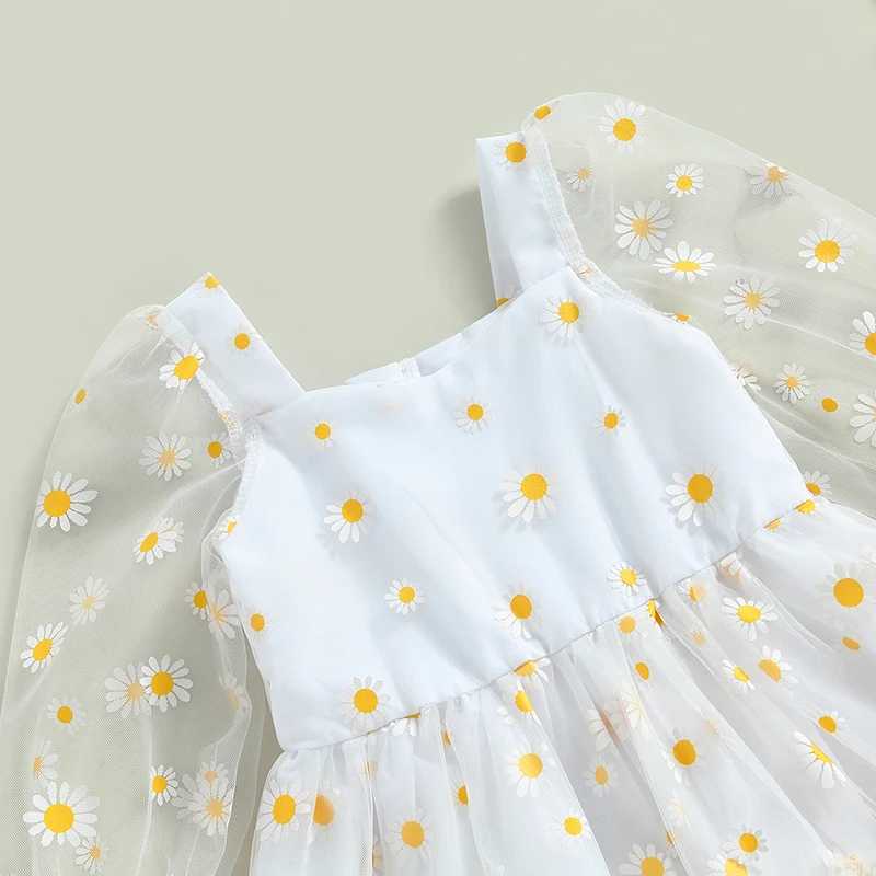 Preschool girl princess Tutu A-Line dress daisy print long sleeved pleated mesh chiffon dressW240720