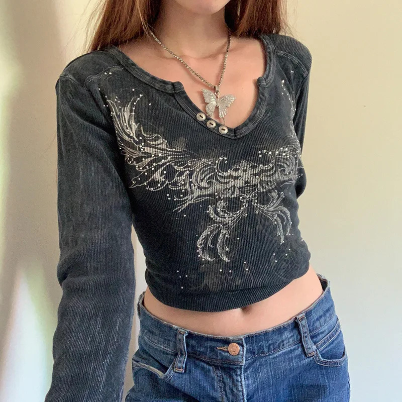 Gothic Y2K Tees Grunge Fairy Casual Party Womens Round Neck Tight Tops intage Heart Wings Print Long Sleeve Slim Fit Pullovers 240806