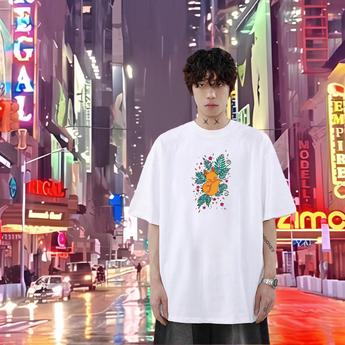 2024 DIY T shirt 230g 100% Cotton fox Casual Wear O-Neck Short Sleeve High Quality Couples T Shirts Cartoon Printing L-4XL
