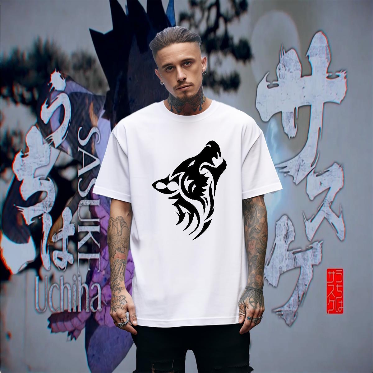Wholesale Men Clothes T-Shirt 230g 100% Cotton Outdoor wolf Black White O-Neck Short Sleeve Brand T-Shirts Tops Shirt