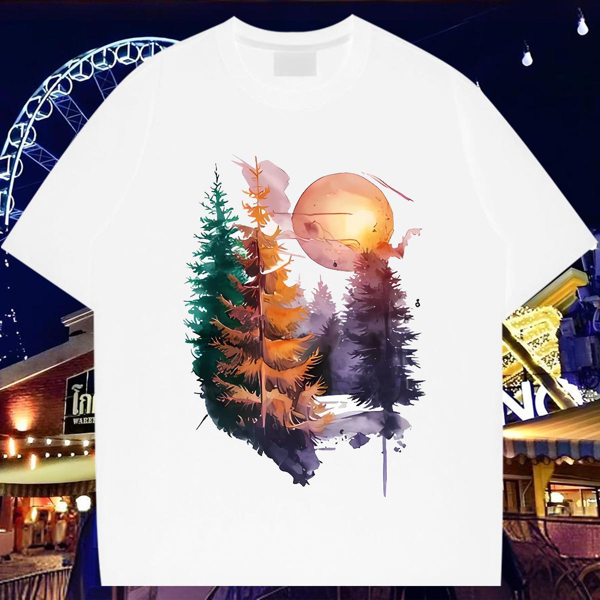 2024 T Shirt For Man 230g Cotton tree Street Tops Shirt O Neck Short Sleeves Loose Fit Couples T Shirts White Plus Size