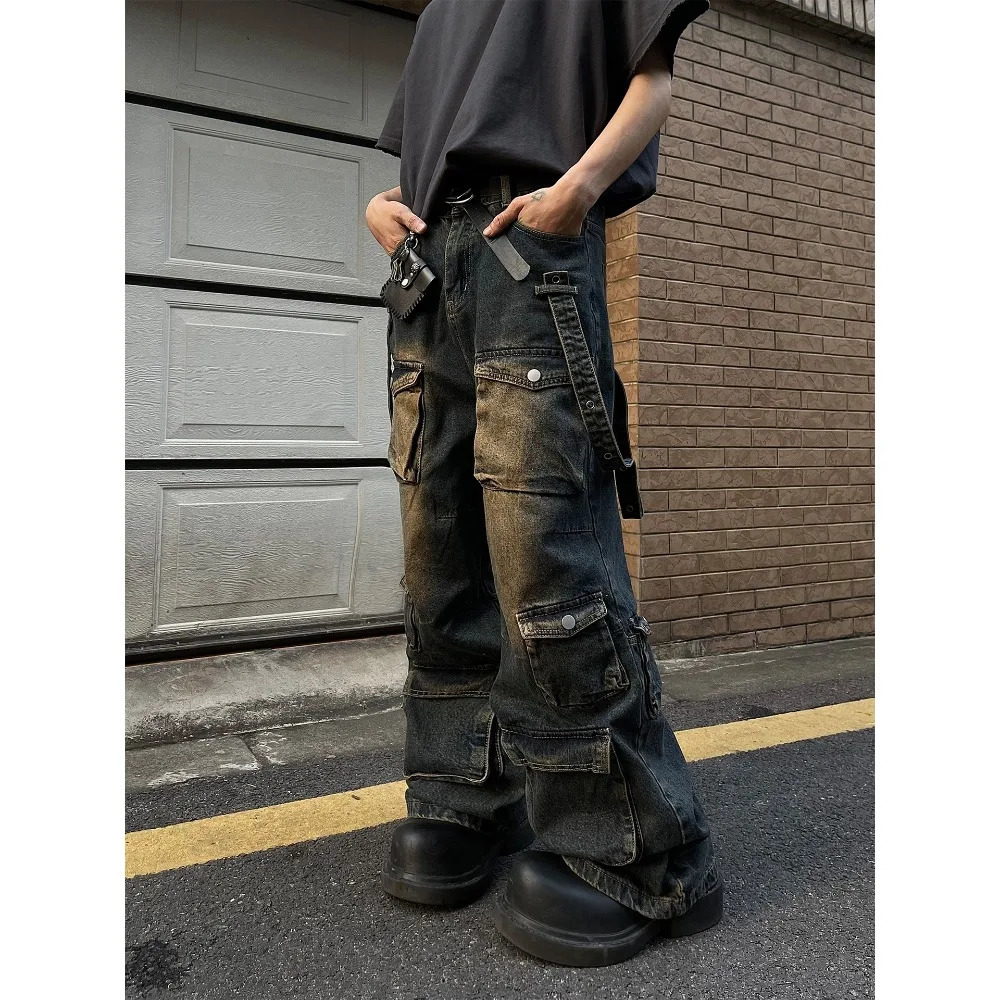 American Retro Yellow Mud Color Multi-pocket Cargo Jeans Mens and Womens Loose Straight Leg Hip Hop Pants Baggy Jeans 240806