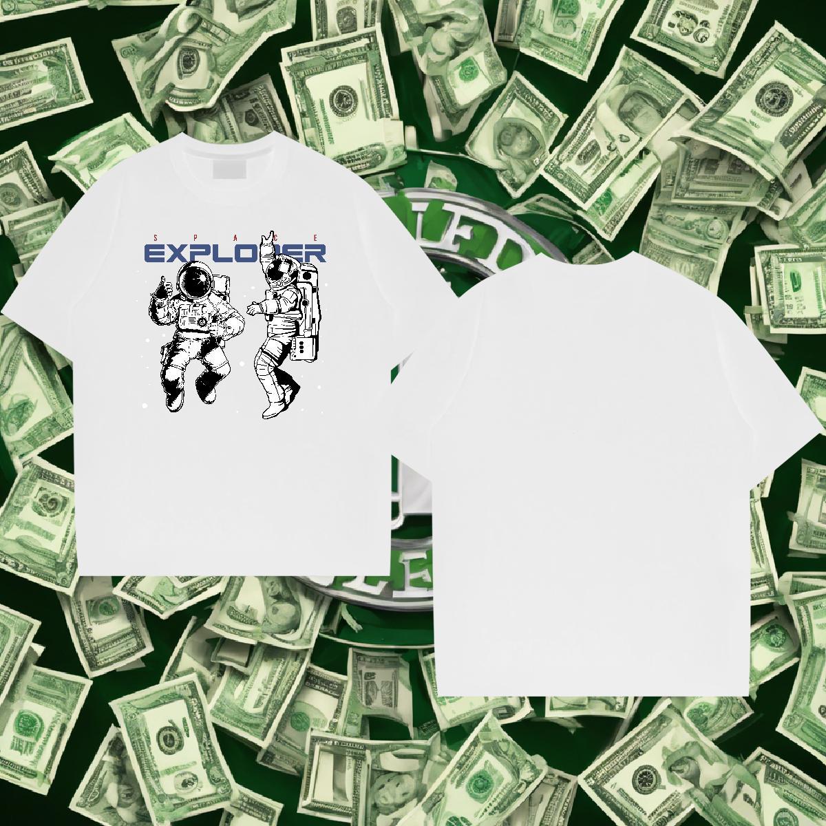 T-Shirts 230g Pure Cotton spaceman Spring Summer Breathable Crew Neck Cartoon Print Men Clothes T-Shirt Fashion Casual Loose Tops