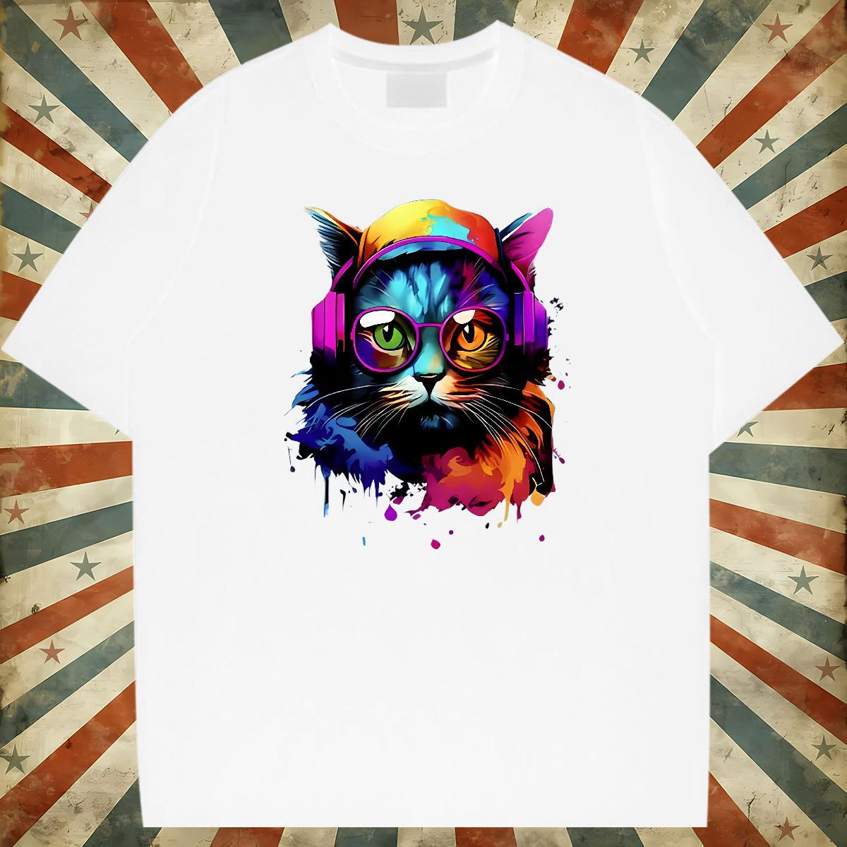 Classic Casual Mens T Shirts 230g Cotton colorful cat Spring Summer Polos Breathable Crew Neck Loose Fit Men Tops Tees DIY