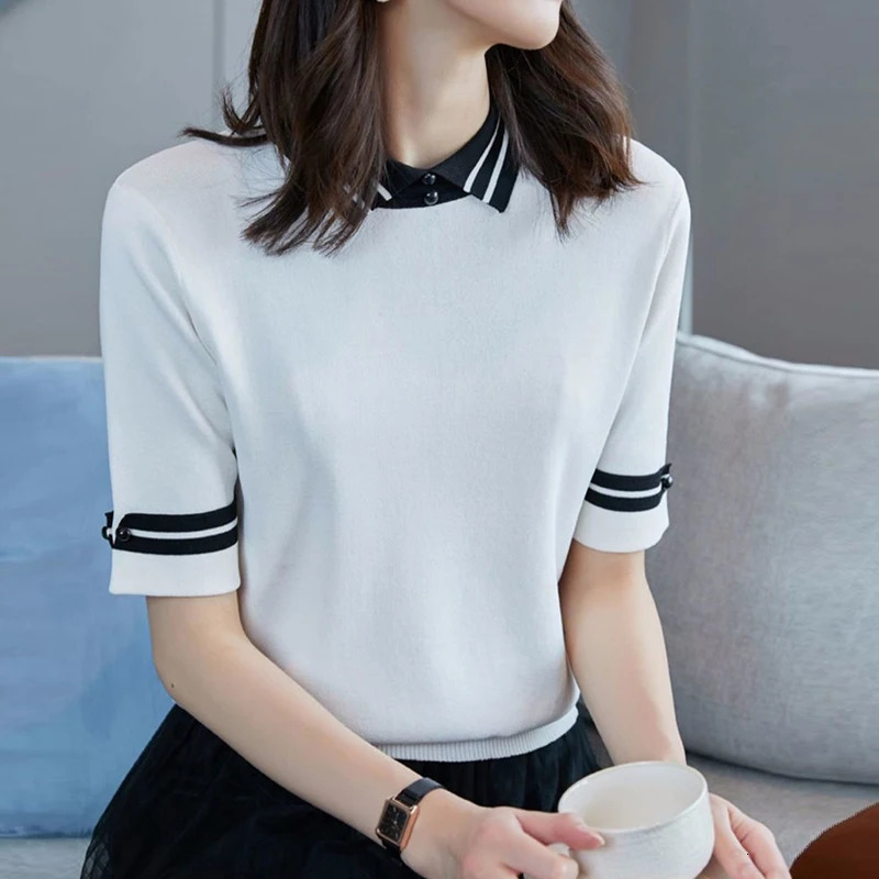Summer Halft Sleeve Knitting Tee Female Casual Fashion Tee Slim Patchwork Pullover Tops Women Polo-neck All-match T-shirt 240806