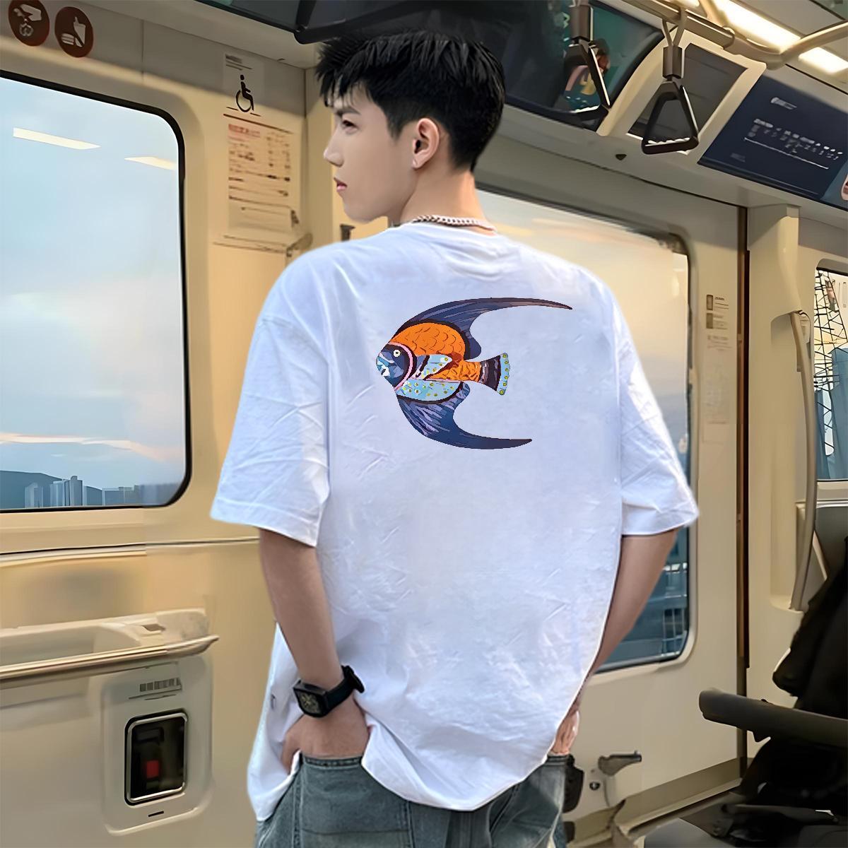 Fashion Casual Man T Shirts 100% Cotton 230g fish Anime Printing Street Wear Breathable Short Sleeve TOP Quality Men Tshirts Custom Cartoon