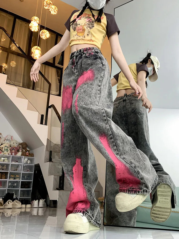 vintage clothes tie-dye jeans womens straight loose pants high street ins wide leg trousers fashion high street pants y2k women 240806
