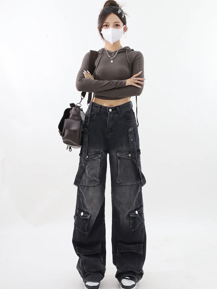 Women Vintage Black Gothic Cargo Jeans Y2k Wide Leg Denim Pants Oversize 2000s High Waist Jeans Korean Baggy Trousers 90s Jeans 240806