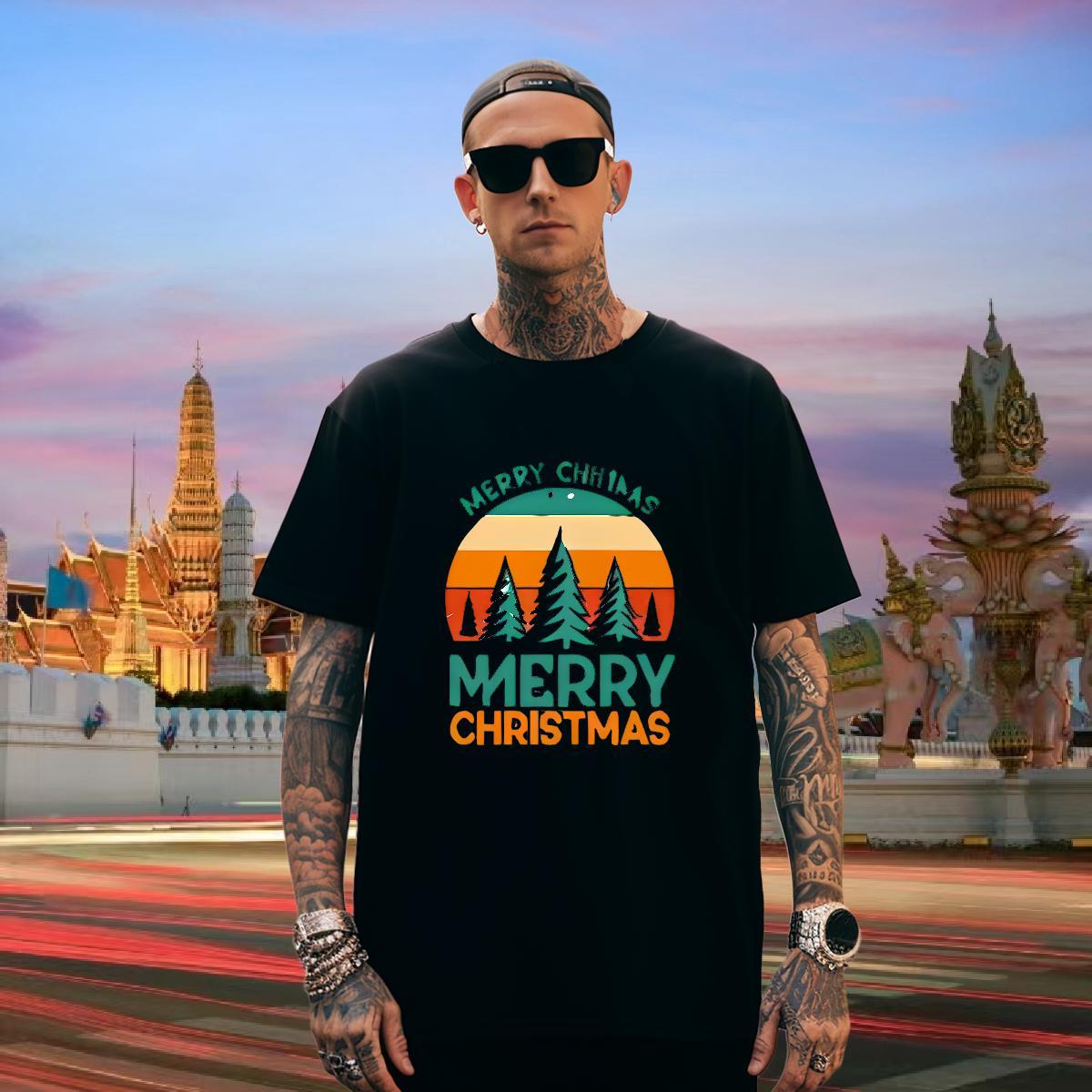 T-Shirts 100% Cotton 230g Christmas High Street Hip Hop Breathable Short Sleeve Oversized Men Tshirts 2024 DIY Soft Tops Shirt