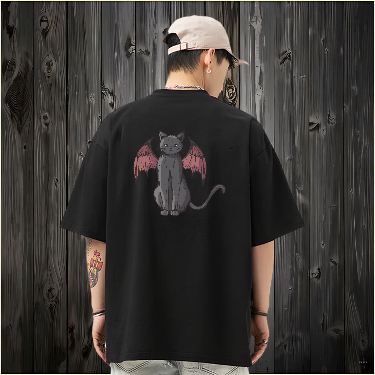 2024 DIY T-Shirts 230g 100% Cotton cat Daily Wear Tops Breathable Crew Neck Loose Couples T Shirts Cartoon Print