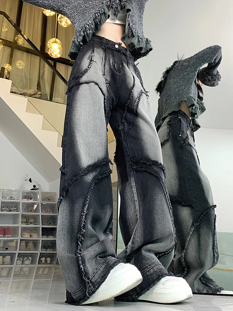 Retro Y2K Casual Ripped Dark Grey Jeans Baggy Women High Waist Wide Leg Trousers Harajuku Washed Denim Cargo Pants Fashion 240806