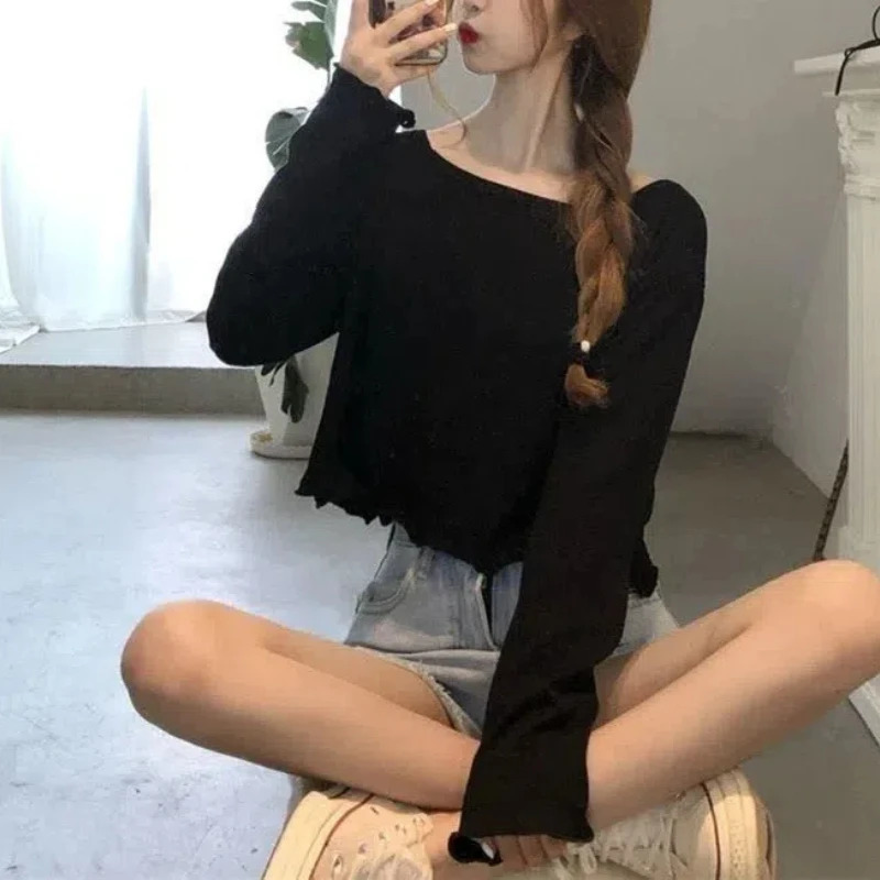 Korean Womens Spring Spliced Pullover Round Neck Fashion Solid Color Loose Minimalist Casual Long Sleeved T-shirt Top 240806