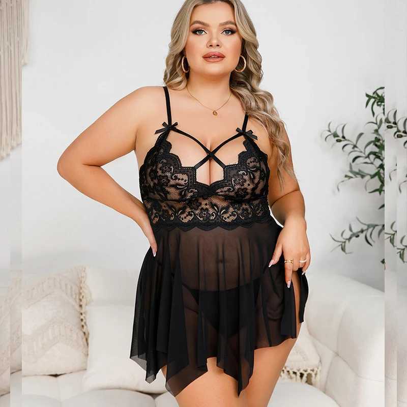Plus Size Womens Erotic Nightgown Transparent Short Section Tulle Sexy Drees Sex Lingerie With Thong Exotic Baby Doll DressesXJ250220
