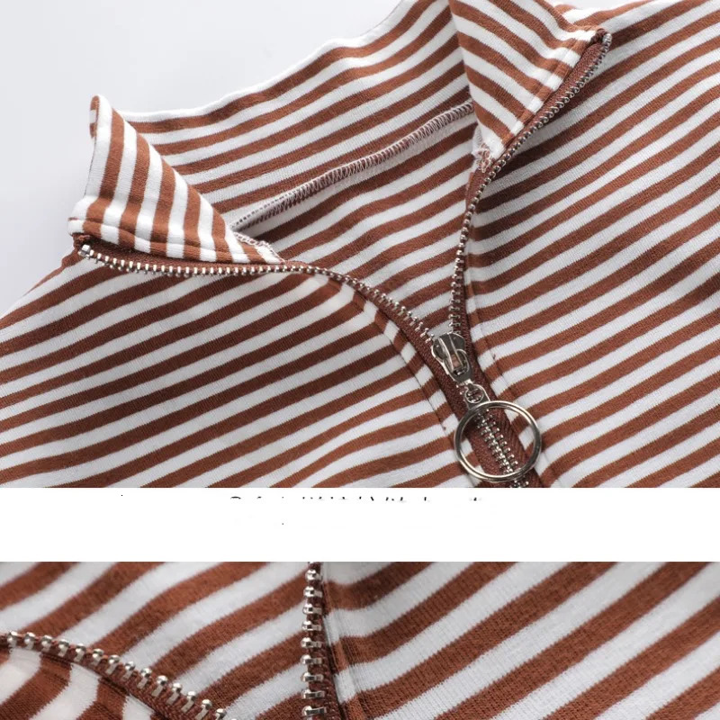 Spring and Autumn Womens Pullover Half High Neck Zipper Solid Stripe Contrast Long Sleeve T-shirt Underlay Elegant Casual Tops 240806