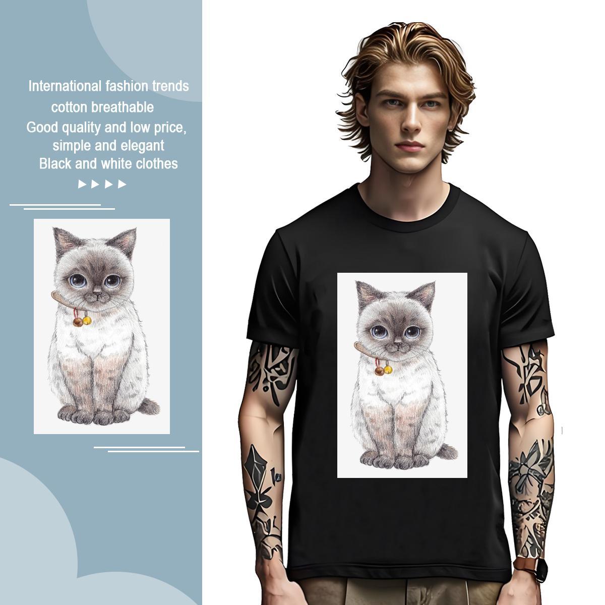 T-Shirts for Men 100% Cotton 230g cat Summer Casual Breathable Short Sleeve Graphic Men Tshirts Casual New Cool Top Tees