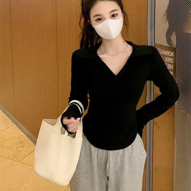 Spring and summer polo neck short sleeved T-shirt white long sleeved slim fit casual shirt womens zipper basic T-shirt 240827