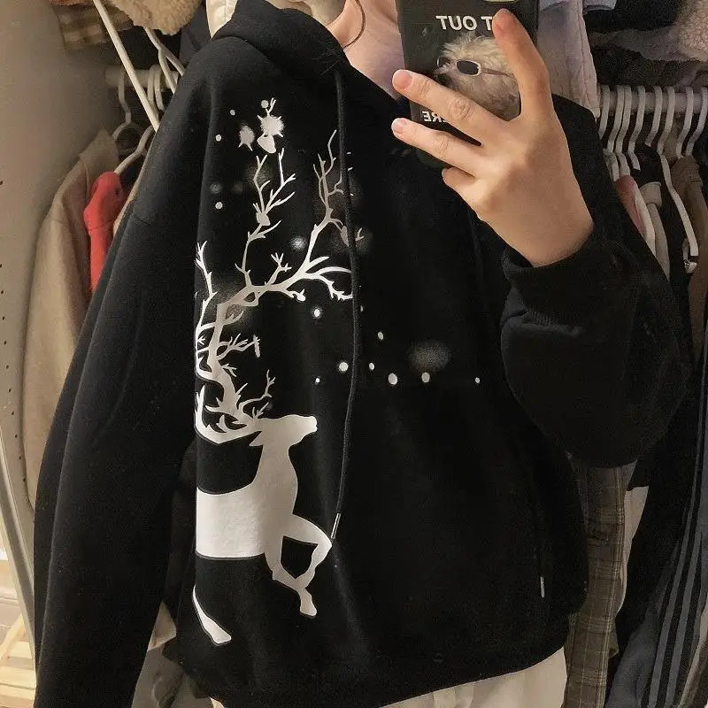 Christmas Printing Korean Loose Pullovers Femme Long Sleeve Drawstring Streetwear Hooded Sweatshirts Womens Clothing 240806