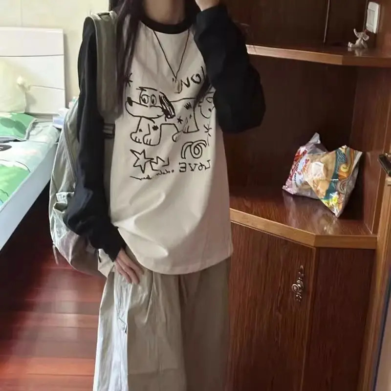 autumn funny Graphic T-shirts Women Cute Anime Long Sleeve Tops Vintage Y2k Preppy Style Casual Sweet Tees Oversized streetwear 240806