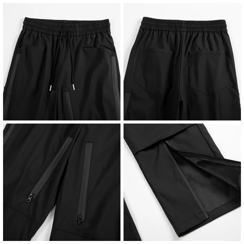 Street Functional Relaxed Fit Cargo Straight Leg Pants Y2k Baggy Waterproof Adhesive Zipper Up Casual Black Trousers Men 240806