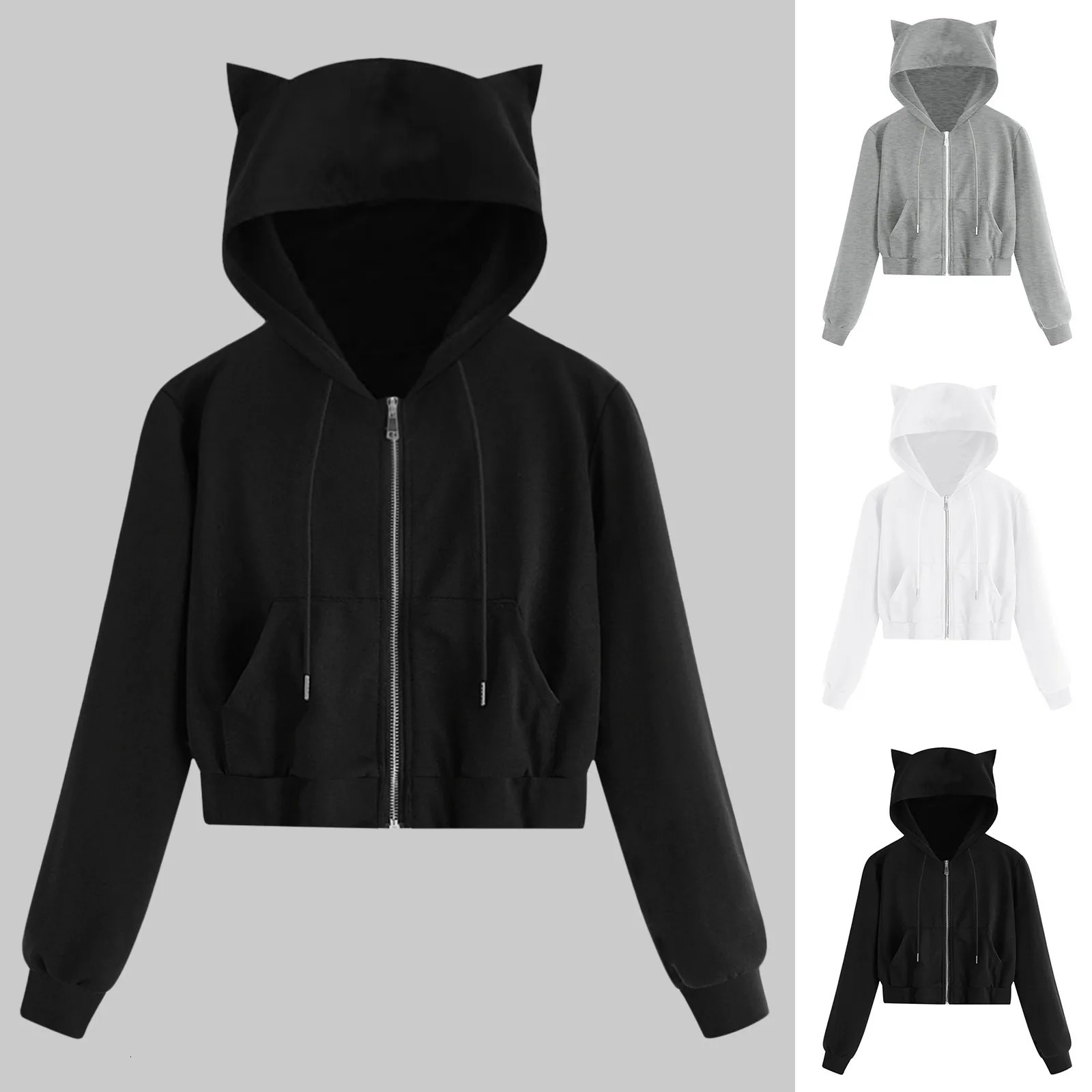 Harajuku Zip Up Cropped Hoodies Tracksuit Sweatshirts For Teen Girls Kawaii Cat Ear Jackets Pocket Drawstring Hoody Sudaderas 240806
