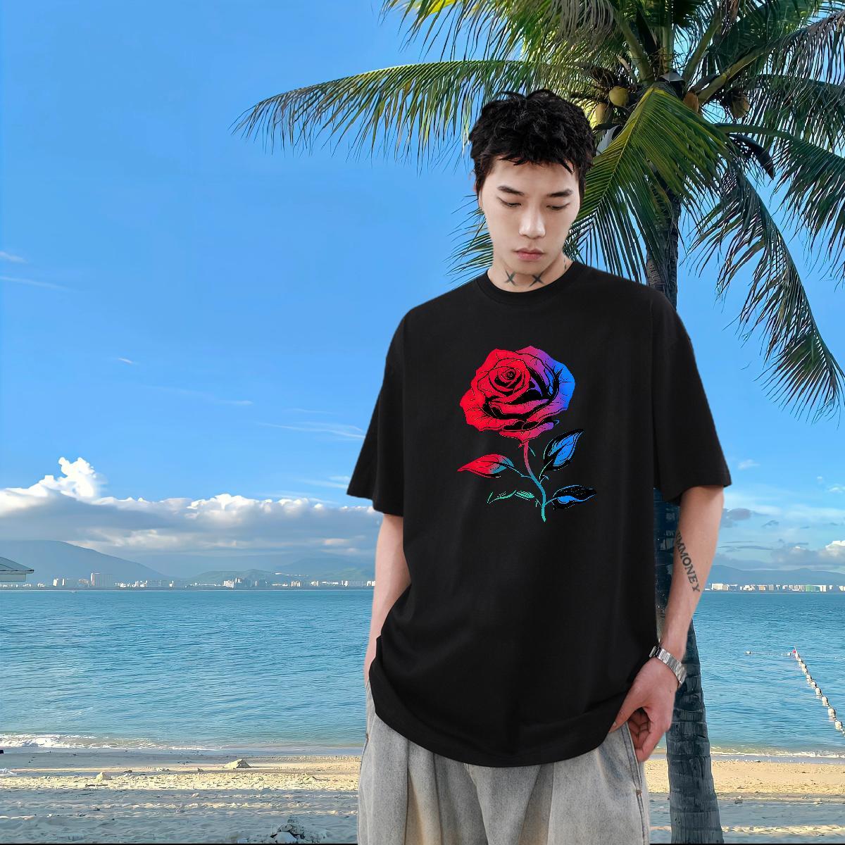 2024 New T-Shirts 230g Cotton flower Hip Hop Polos Breathable Crew Neck Brand Men Tees Black White